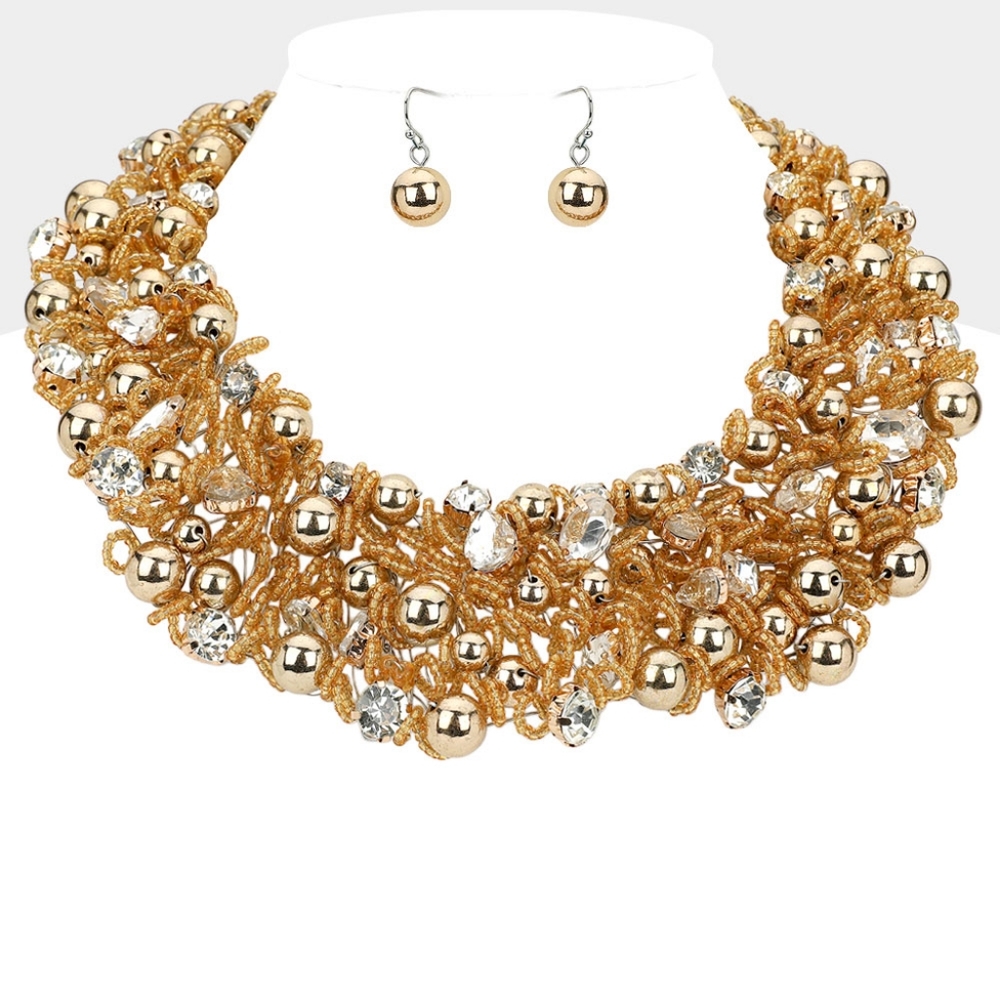 Gold Metal Ball Crystal Cluster Beads Necklace Set Wire Chunky Jewelry